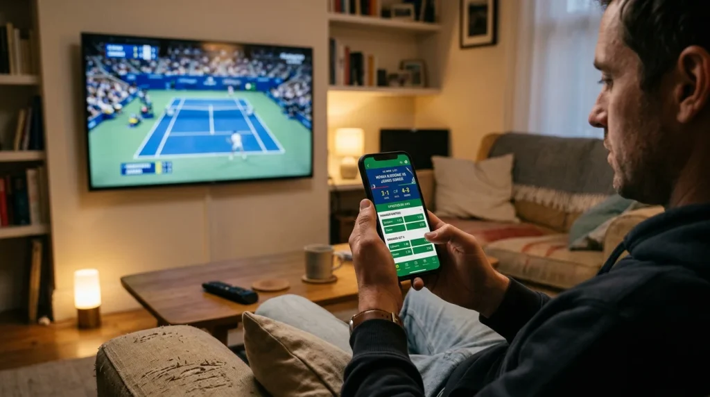 Aficionado siguiendo un partido del US Open en su telefono movil mientras apuesta en vivo