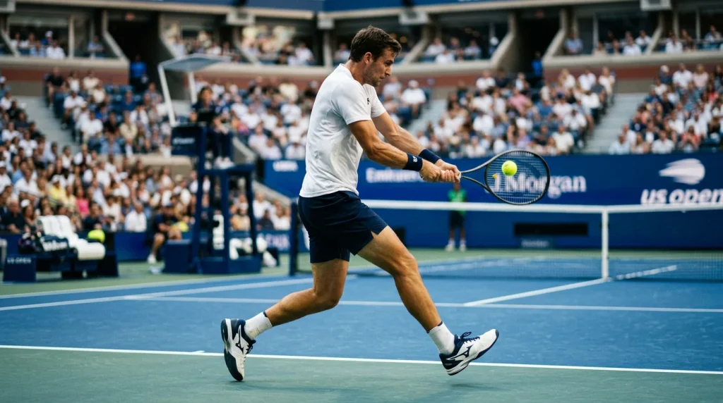 Tenista golpeando un reves en pista dura durante un partido del US Open