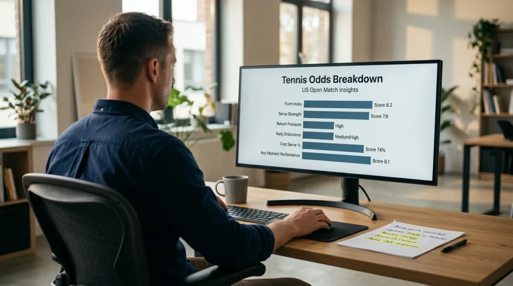 Analista revisando cuotas decimales de tenis en una pantalla con datos de probabilidades