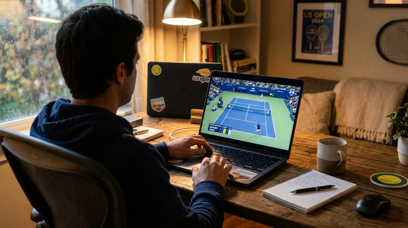 Persona usando un portátil para registrarse en una casa de apuestas con un partido de tenis en pantalla