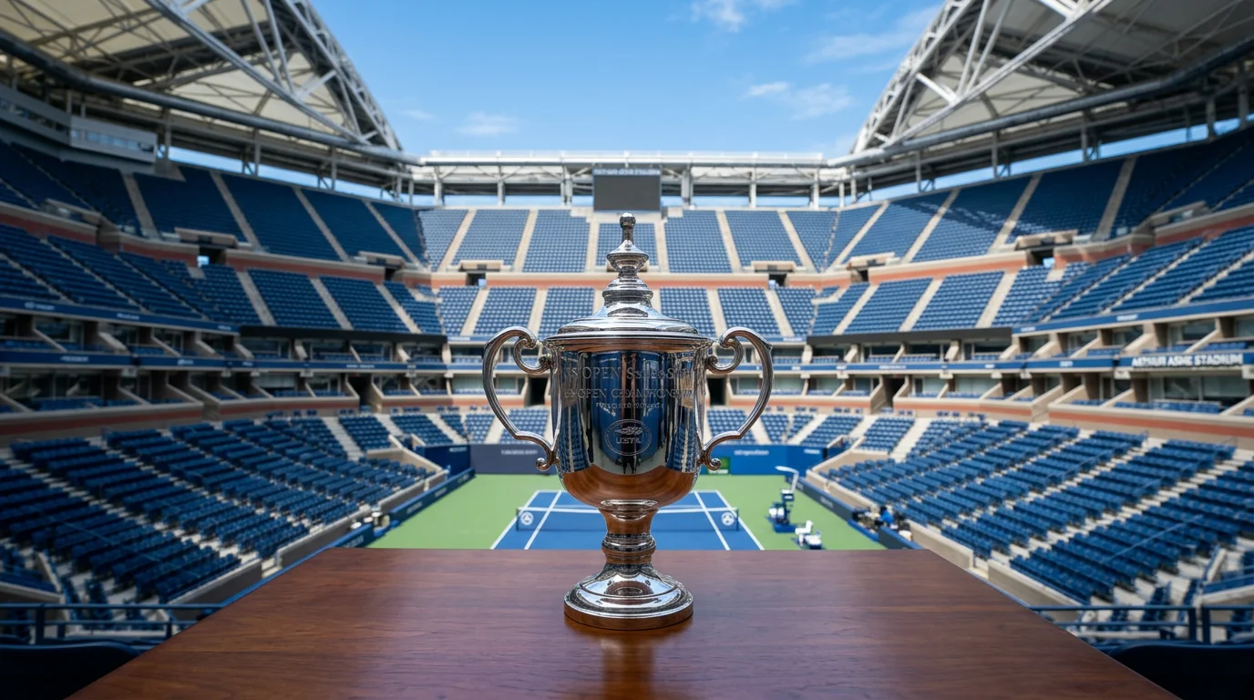 Trofeo del US Open de tenis sobre una mesa con el estadio vacío de fondo antes del torneo
