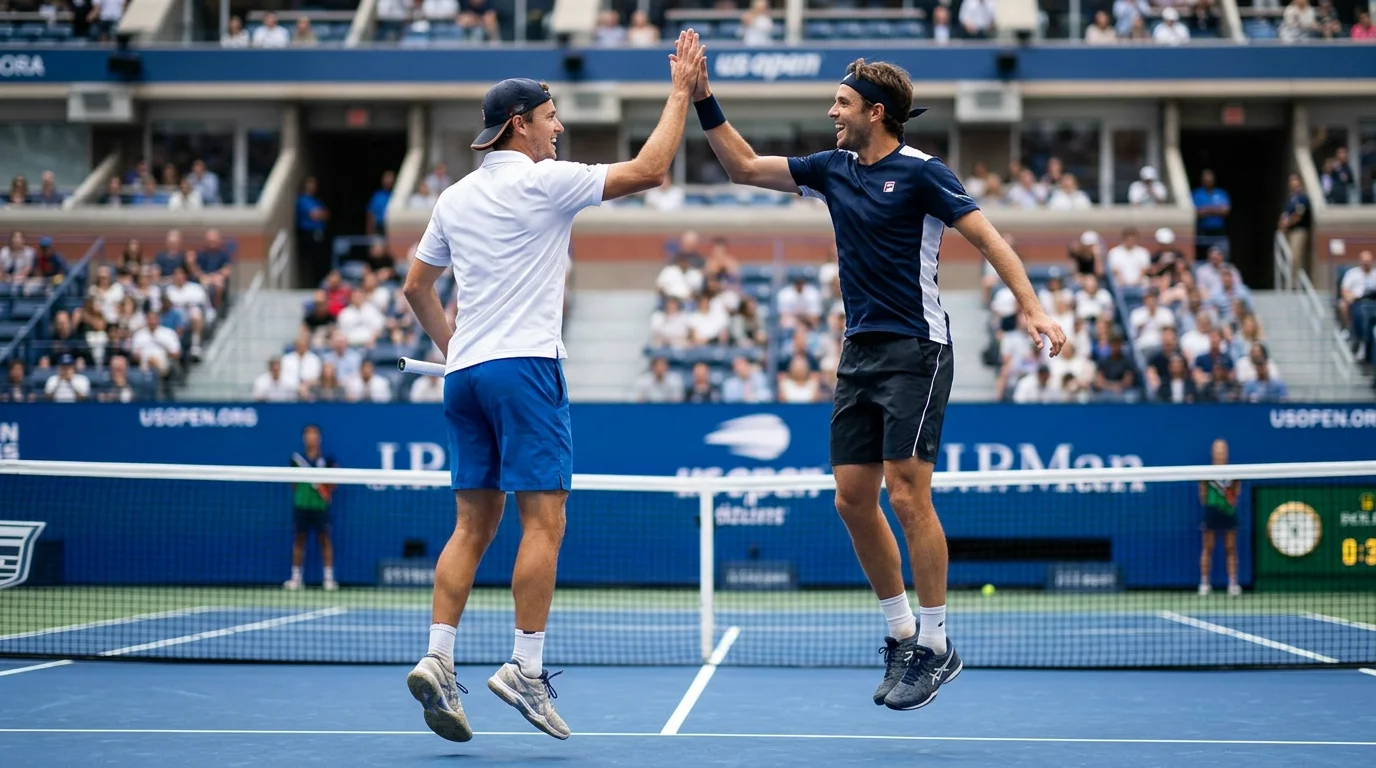 Pareja de dobles de tenis celebrando un punto en la pista del US Open