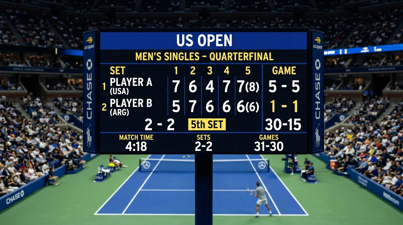 Marcador electrónico de un partido de tenis del US Open mostrando un resultado con muchos juegos