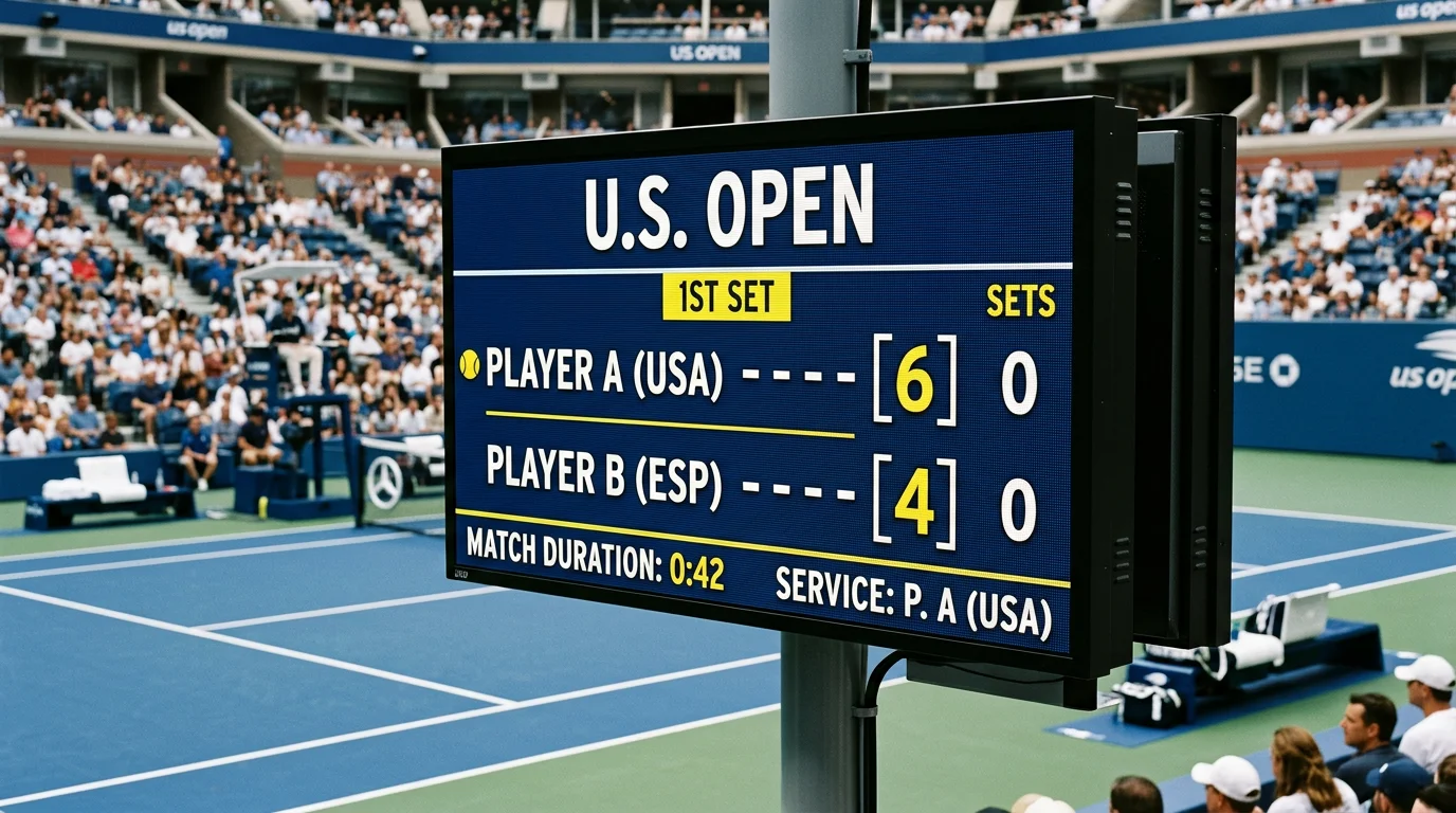 Marcador de tenis mostrando el resultado del primer set de un partido del US Open