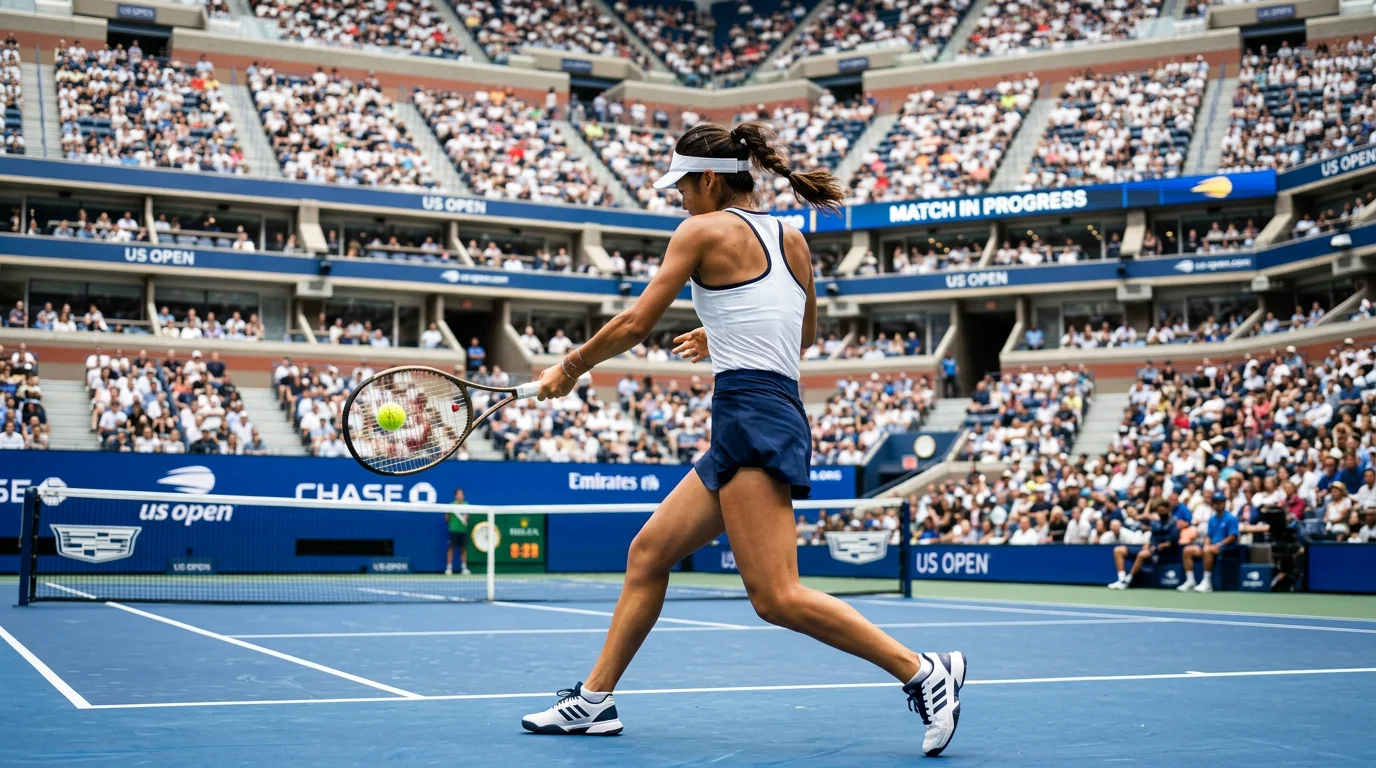 Jugadora de tenis profesional ejecutando un golpe de derecha en la pista dura del US Open