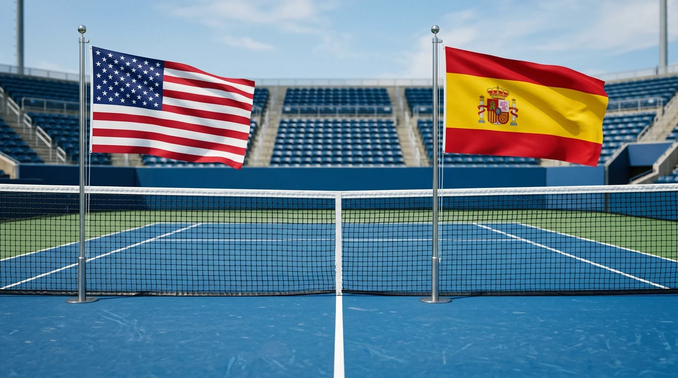 Banderas de España y Estados Unidos divididas por una red de tenis del US Open