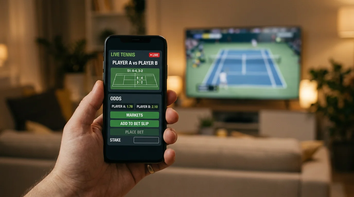 Smartphone mostrando una aplicación de apuestas de tenis durante un partido del US Open