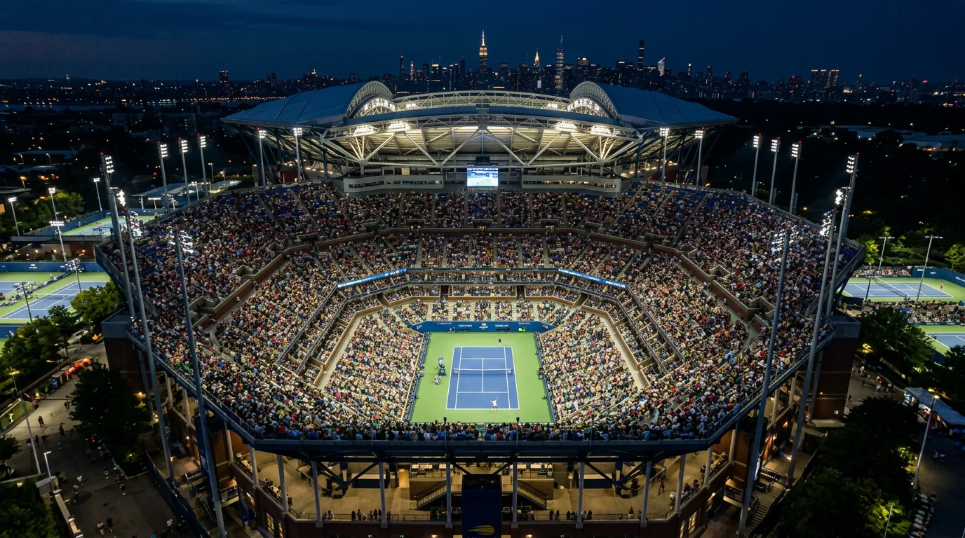 Pista central del US Open de tenis iluminada durante una sesion nocturna en Flushing Meadows