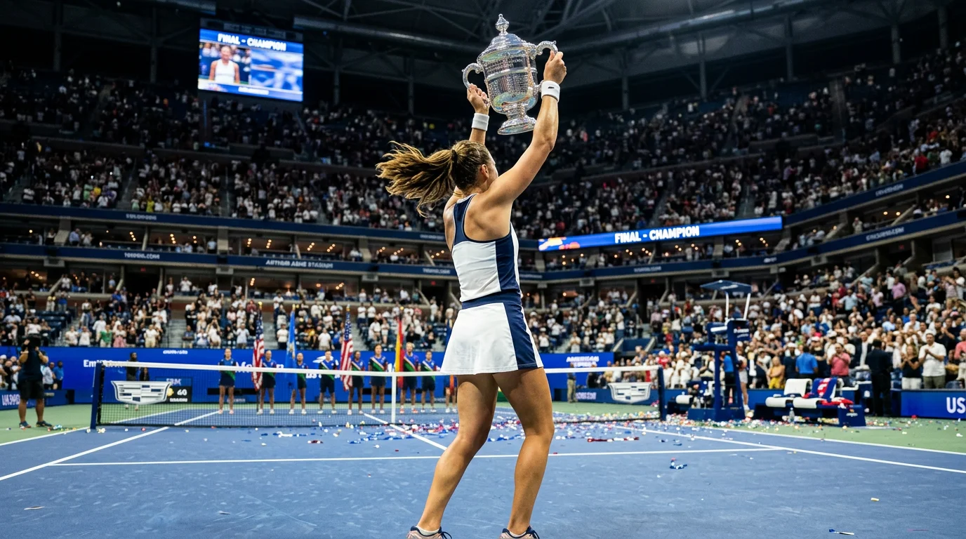 Jugadora de tenis profesional levantando un trofeo en la pista dura del US Open