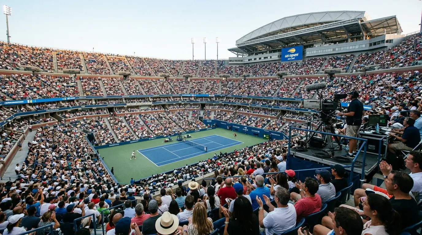 Gradas llenas del Arthur Ashe Stadium durante un partido del US Open con cámaras de televisión