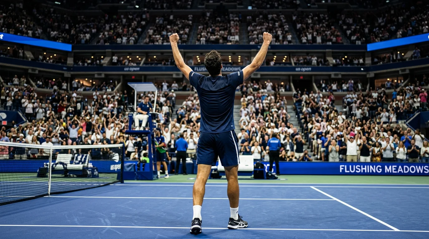 Jugador de tenis masculino celebrando una victoria en la pista dura del US Open de noche
