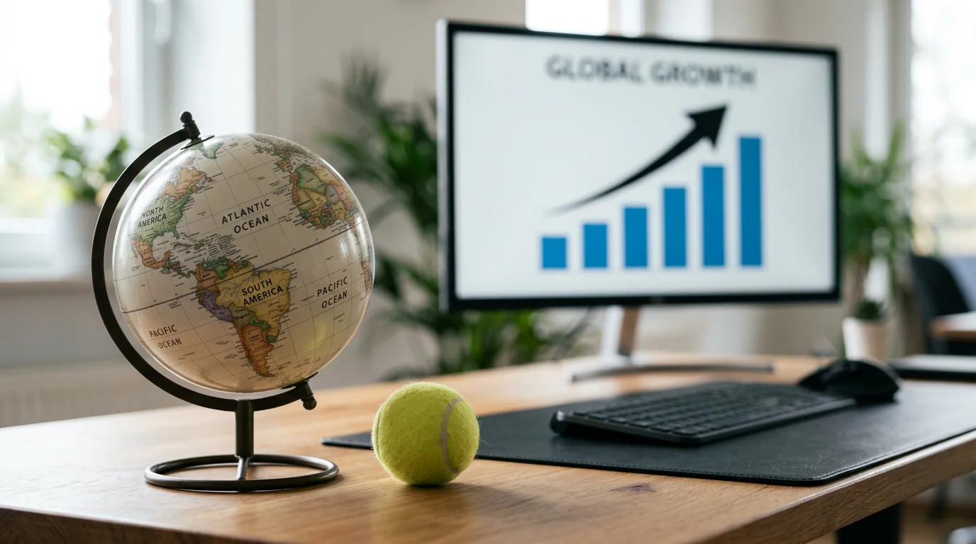 Globo terráqueo con una pelota de tenis y gráficos de crecimiento del mercado de apuestas