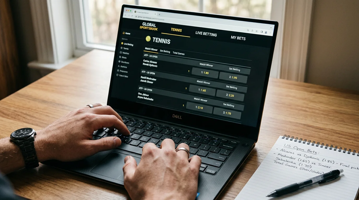 Pantalla de operador de apuestas mostrando mercados de tenis del US Open