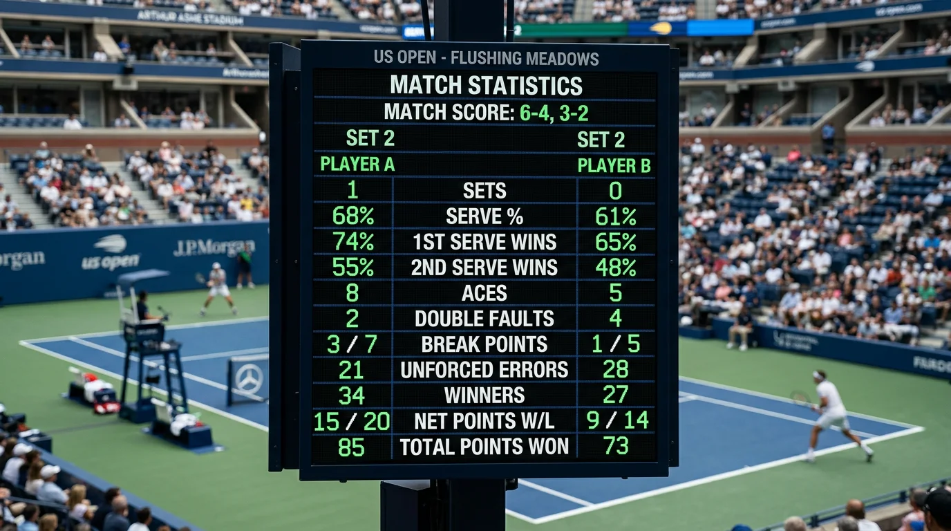 Pantalla electrónica de estadísticas de un partido de tenis en el US Open con datos de servicio y puntos