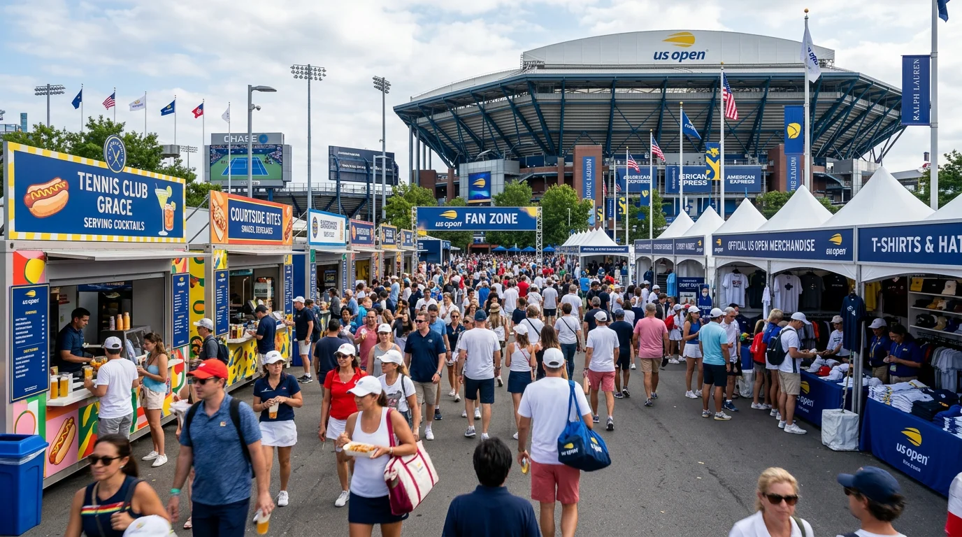 Fan zone del US Open con aficionados de tenis y puestos de comida y bebida en Flushing Meadows