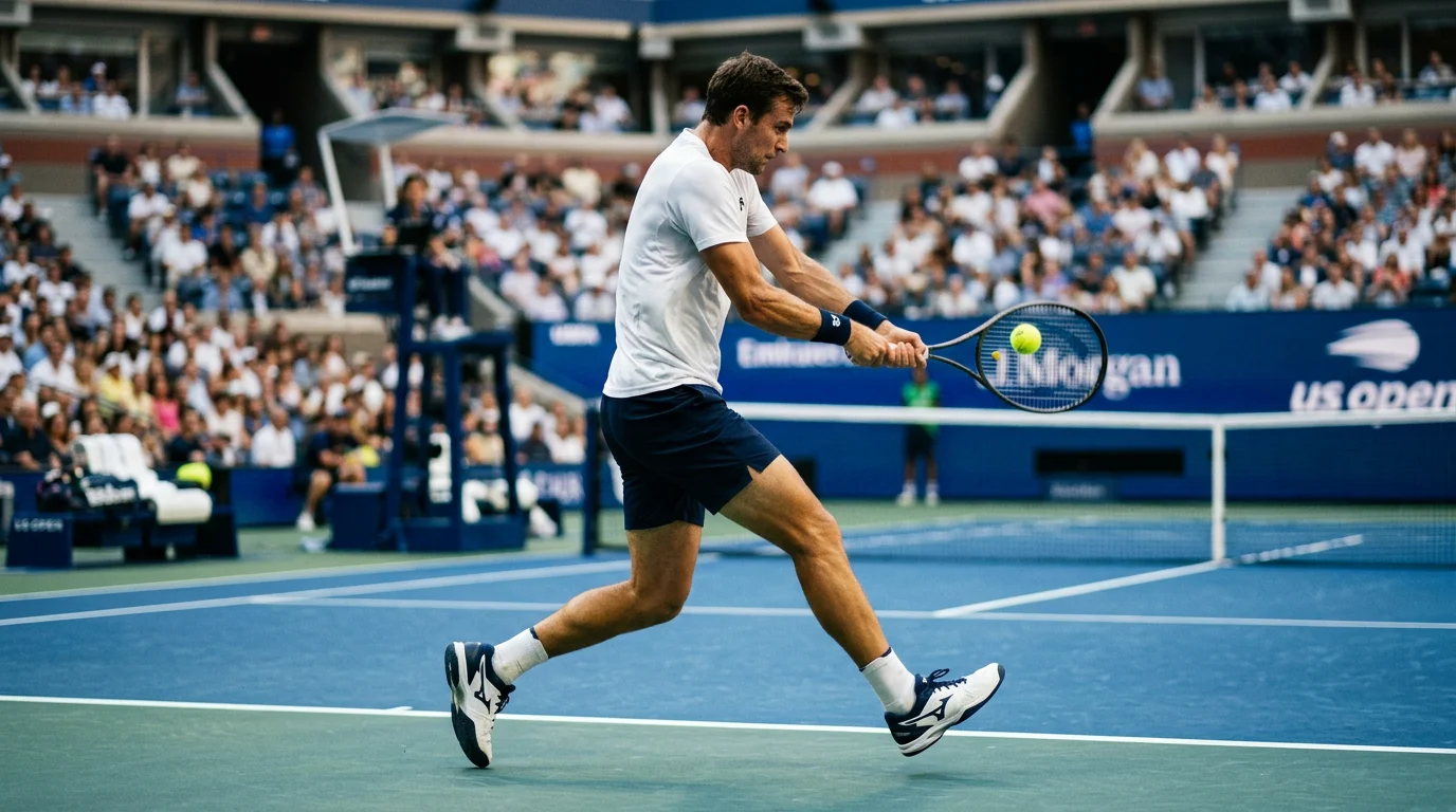 Tenista golpeando un reves en pista dura durante un partido del US Open