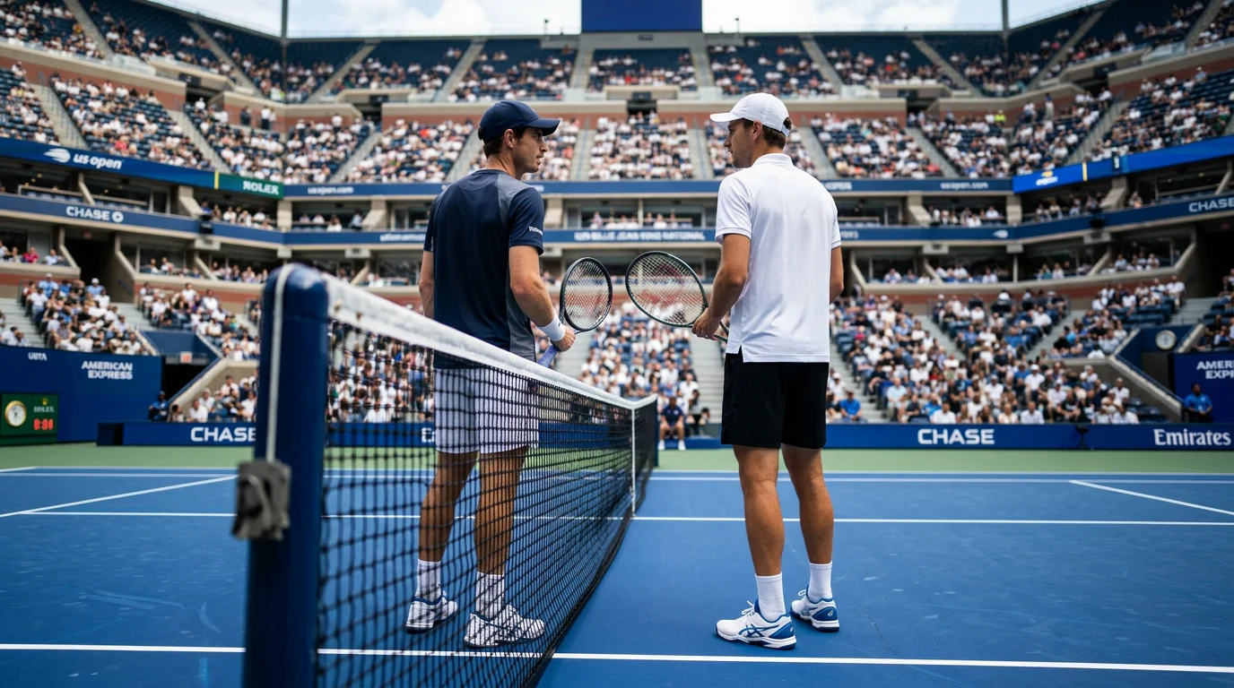 Dos jugadores de tenis en lados opuestos de la red en la pista central del US Open