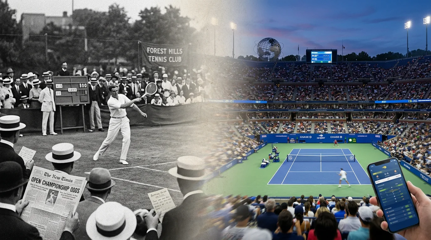 Foto histórica del US Open de tenis combinada con una imagen moderna de Flushing Meadows