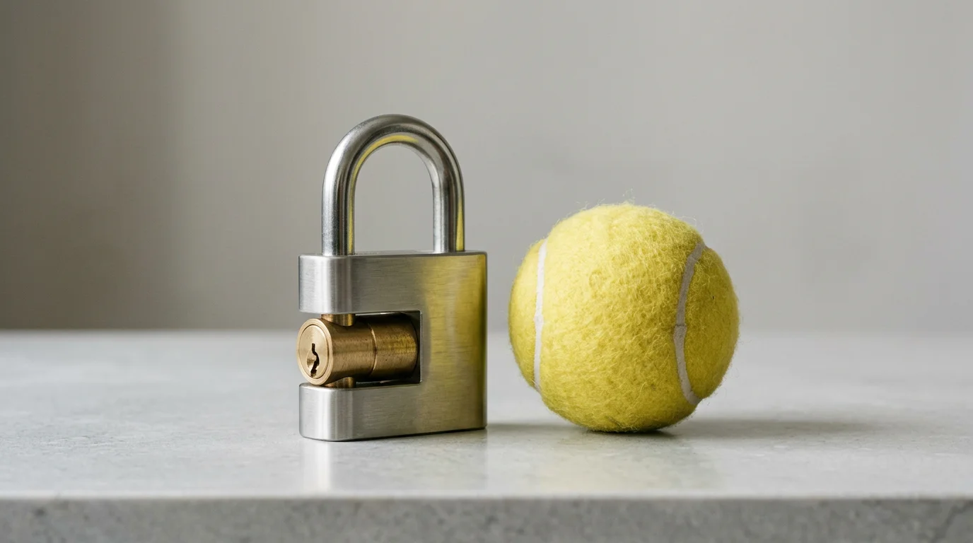 Escudo de integridad deportiva junto a una pelota de tenis y un candado de seguridad