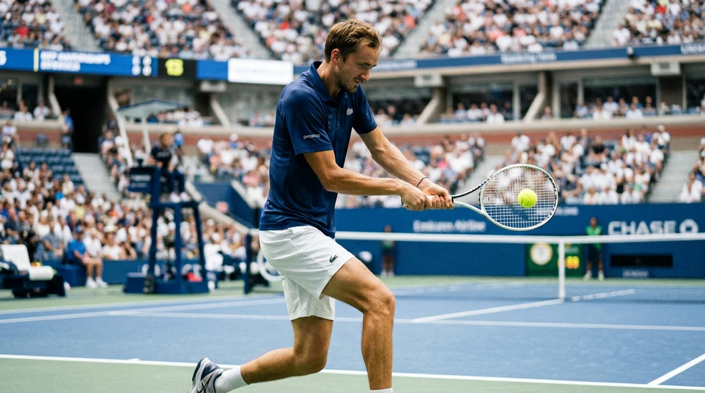 Jugador de tenis masculino golpeando un revés en la pista central del US Open