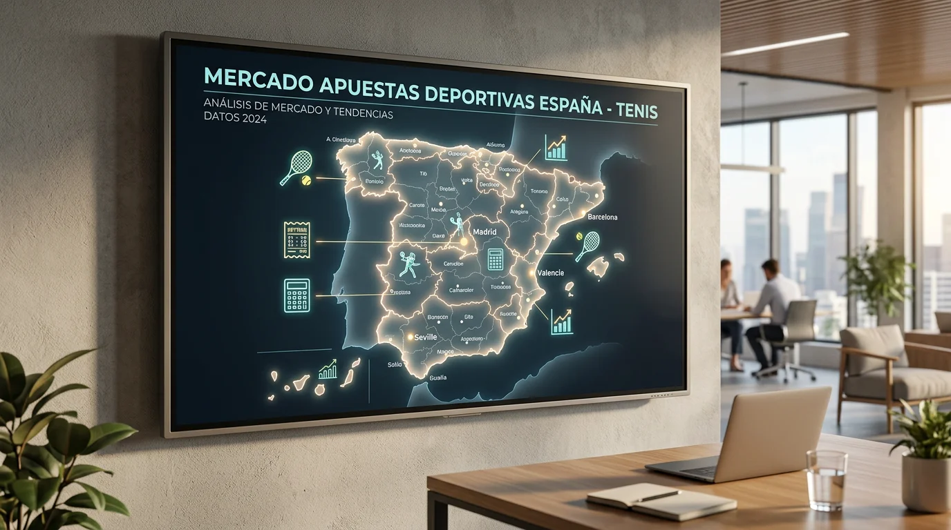 Mapa de España con iconos de apuestas deportivas y una raqueta de tenis