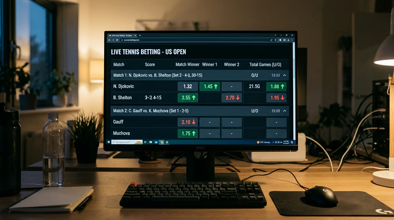 Monitor con líneas de cuotas de apuestas de tenis cambiando en tiempo real