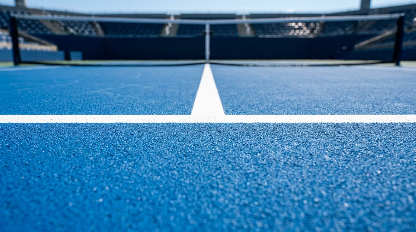 Pista de cemento de Flushing Meadows con líneas blancas marcadas y red de tenis bajo el sol de Nueva York