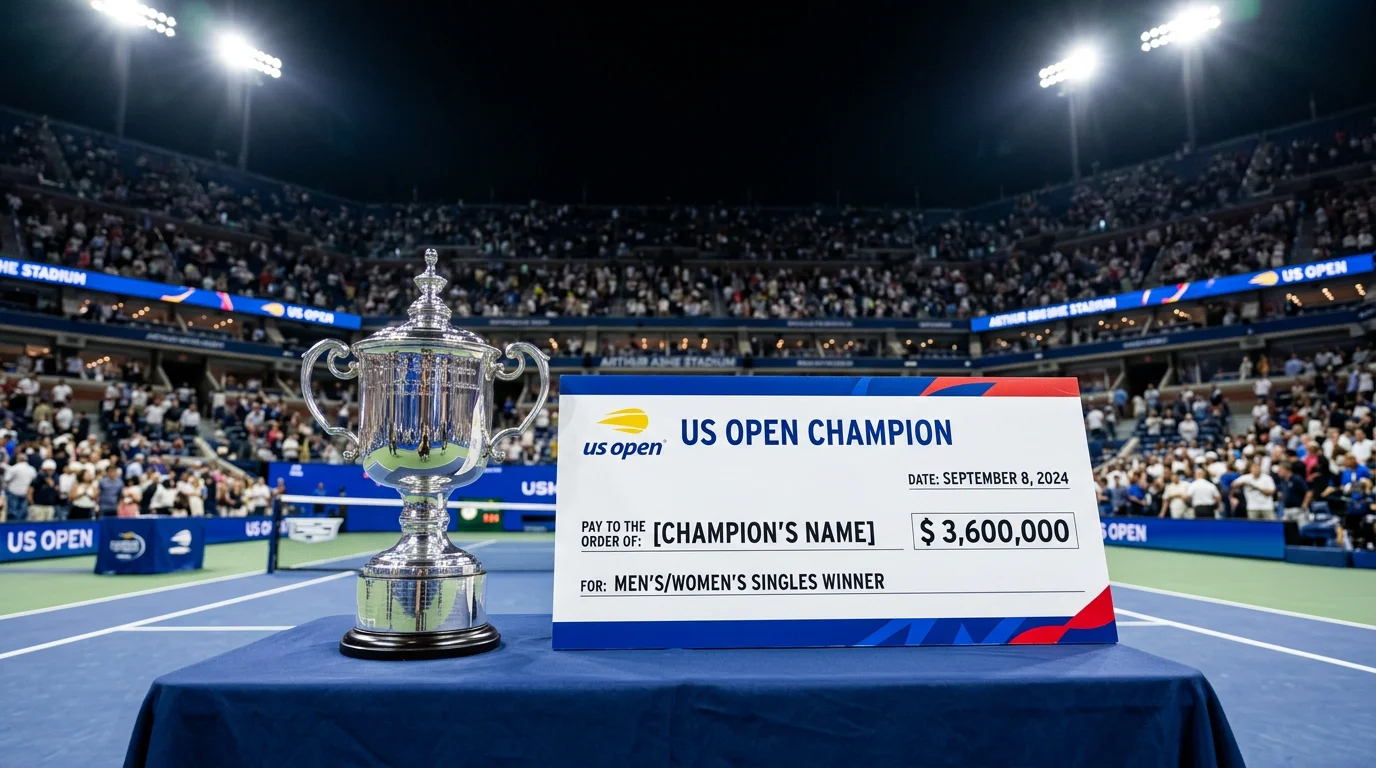 Trofeo del campeón del US Open junto al cheque de premios del torneo de tenis