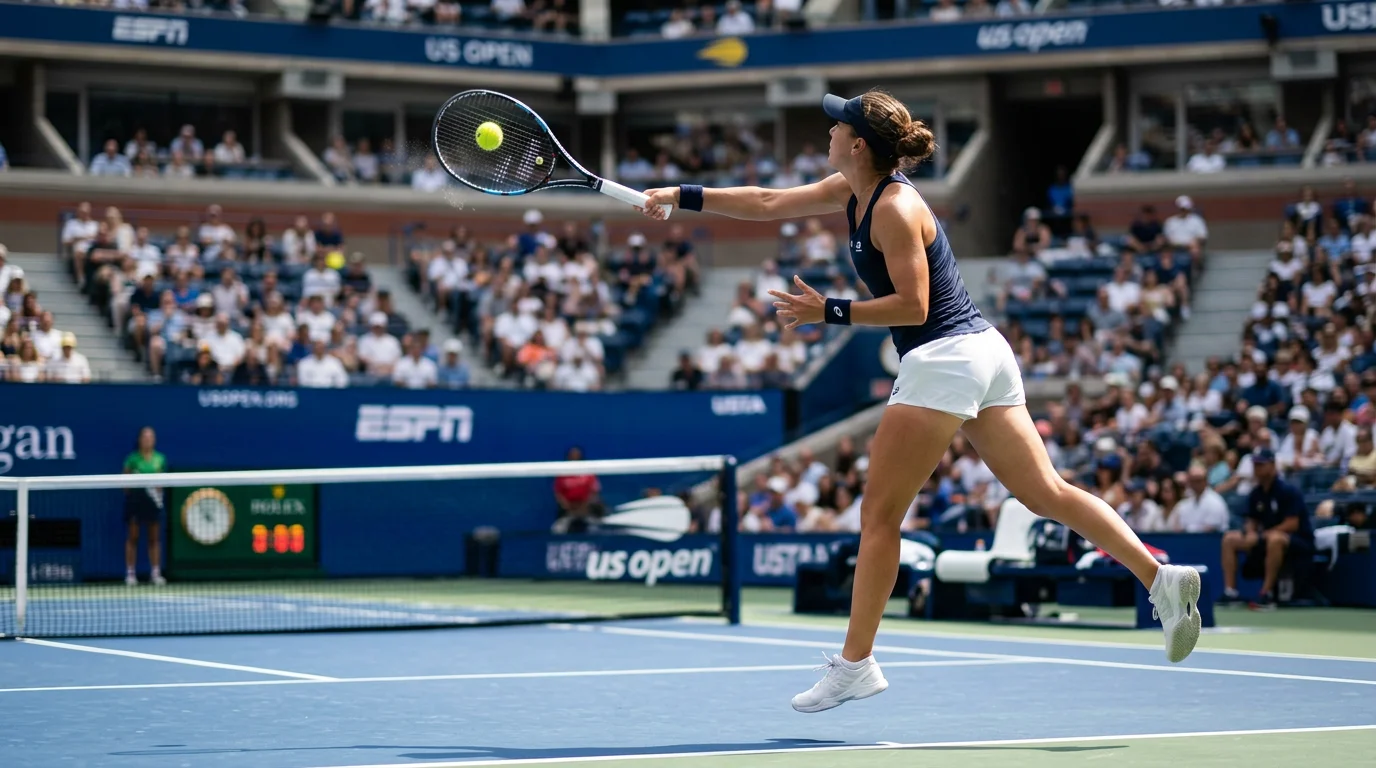 Tenista profesional ejecutando un saque potente en el US Open con velocidad en pantalla