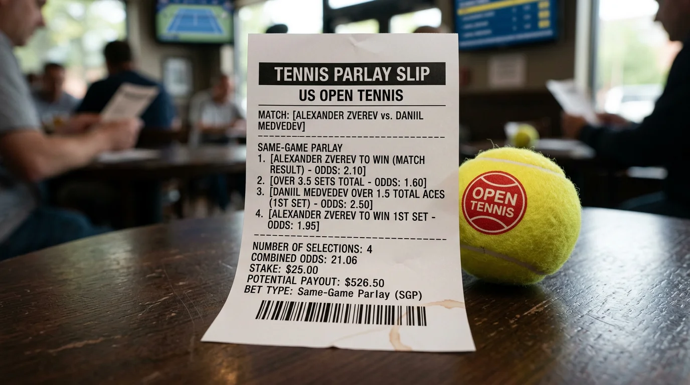 Boleto de apuesta combinada de tenis con múltiples selecciones de un partido del US Open