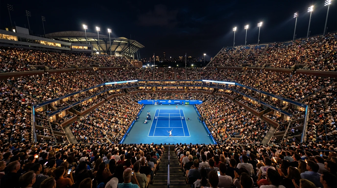 Arthur Ashe Stadium iluminado durante una sesión nocturna del US Open con público en las gradas