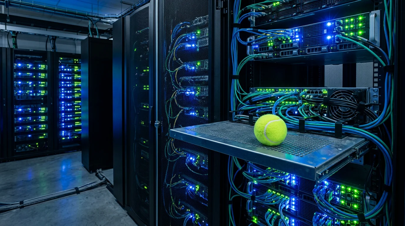 Servidor de datos con conexiones digitales y una pelota de tenis representando la tecnología de cuotas